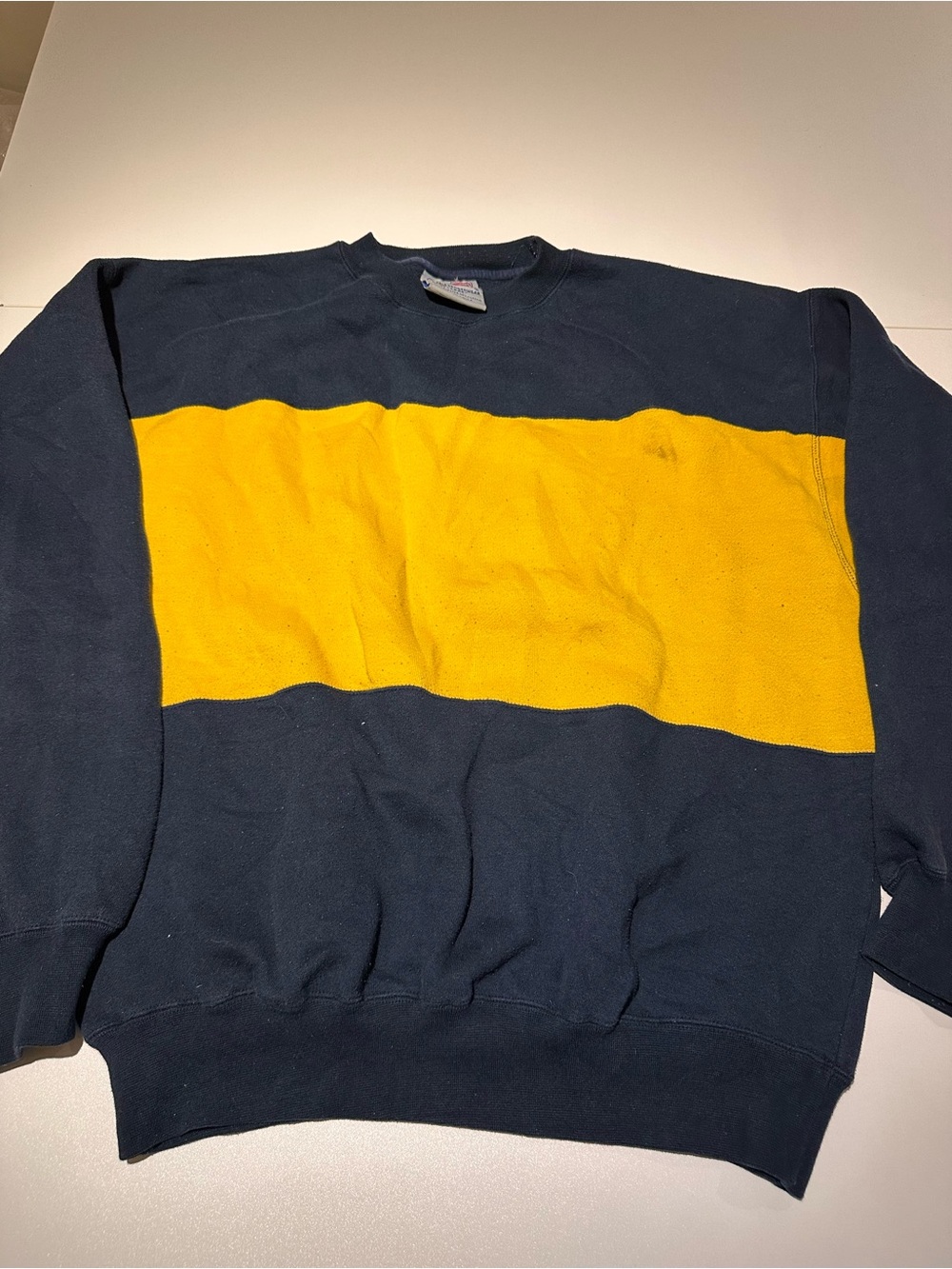 Men's Navy Crewneck Sweater with Bold Yellow Chest Panel